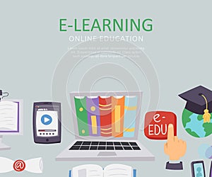 E-learning education school university vector illustration. Flat poster with monitor full of books, education red button