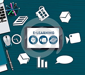 E-learning education vector banner background. E-learning text in smart phone mobile app with digital icons and device like laptop