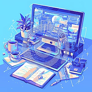 E-Learning Essentials: Computer, Books, Coffee photo