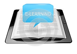E-learning icon button above ebook reader tablet