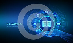 E-learning icon in wireframe hand. Innovative online education and internet technology concept. Webinar, teaching, online training