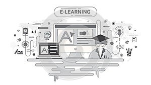 E-learning infographic concept. Computer and online education icons on world map background created by the .