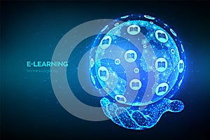 E-learning. Innovative online education technology concept. Earth globe in hand. Abstract polygonal planet. Webinar, teaching,