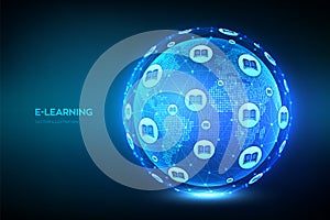 E-learning. Innovative online education technology concept. World map point and line composition. Earth planet globe. Webinar,