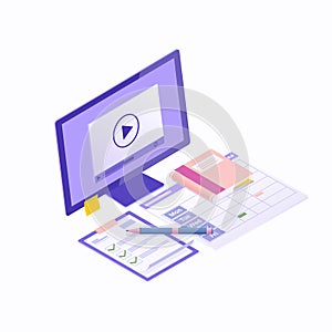 E-learning isometric concept with education symbols. Online education courses isometric computer art banner template.