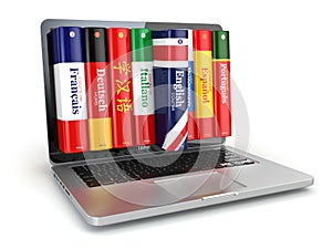 E-learning. Learning languages online. Dictionaries and laptop.