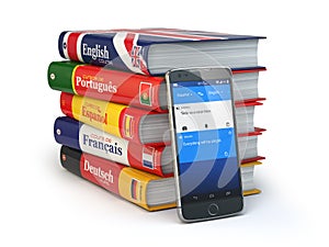 E-learning. Mobile dictionary. Learning languages online. Smartphone with books.