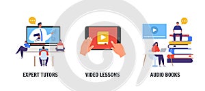 E learning. Online classroom. Students. Study from home. Vector