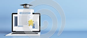 E-learning and online courses concept certificate with golden seal, black graduation cap and modern laptop on blue background with