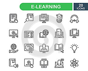 E-learning, online and distance education line icon. Online training, webinar, education, course, elearning, conference
