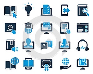 E-learning, Online and Distance Education Silhouette Icon. Online Training, Webinar, Education, Course, Elearning