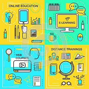 E-learning, Online Ecucation, Web Courses and Distance trainings concept. Thin Line icons. Vector Illustration. Banners for web ,