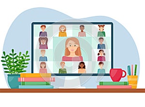 E-learning online education concept. Chat online. Study at home, vector illustration