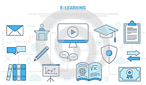 E-learning online education concept with icon line style set template banner with modern blue color