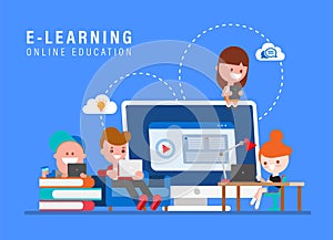 E-learning online education concept illustration. Kids studying at home via internet. Young people cartoon in flat design style