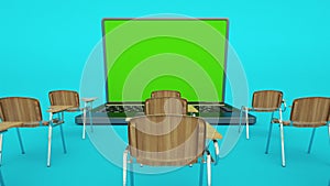 E-learning online education concept. School desks and laptop with green screen. Home quarantine distance learning