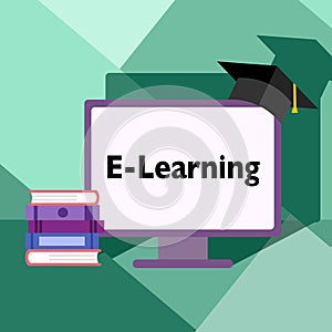 E-learning or online education concept vector illustration. Online training course. Computer and stack of books in flat design.