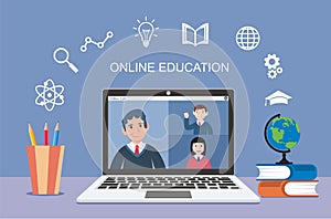 E-learning, online education, online course concept, home school, woman teacher teaching students on laptop computer screen