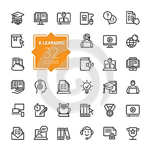 E-learning, online education elements - minimal outline icons collection