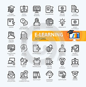 E-learning, online education elements - minimal outline icons collection photo