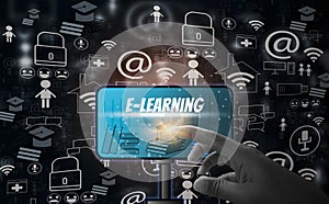 E-learning and online education, with finger touch technology icon and symbol social media on black background, creative design