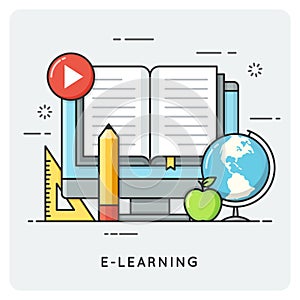 E-learning, online education. Flat line art style concept.