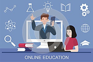 E-learning, online education, online course concept, home school, woman teacher teaching students on laptop computer screen,