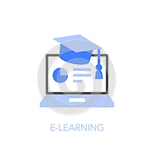 E-learning or online education symbol with laptop and graduation cap