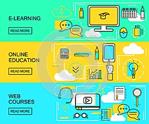 E-learning, Online Education and Web Courses horizontal banners. Distance Trainings. Study Icons with thin line style. vector photo
