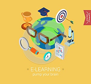 E-learning online global education flat 3d isometric concept