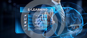 E-learning Online learning distance education concept. Businessman pressing button on screen.