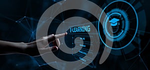 E-learning Online learning distance education concept. Hand pressing button on screen