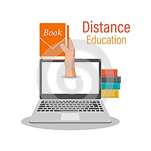 E-learning, online learning at home. The concept of the knowledge base `computer as a book` - laptop as an idea for e - learning-