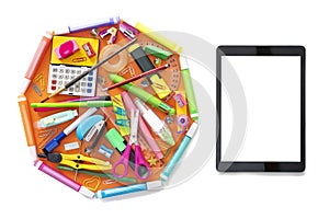E-learning online learning with tablet PC and school supplies on white
