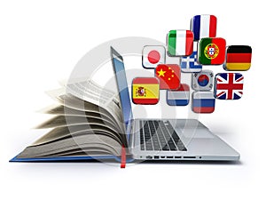 E-learning or online translator concept. Learning languages online. Laptop, book and flags.