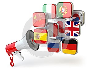 E-learning or online translator concept. Learning languages online. Megaphone and flags.