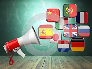 E-learning or online translator concept. Learning languages online. Megaphone and flags.