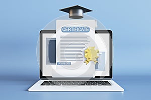 E-learning platform and online courses concept with front view on qualification certificate with golden seal, black graduation cap