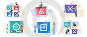 E-learning platform and online courses on laptop and phone, innovative free education banners set