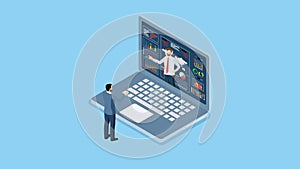 E-learning platform, Virtual Assistant Services and Online courses concept. 2D isometric Animation