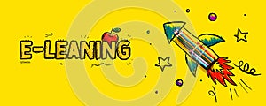 E-Learning theme with hand drawn rocket and pencils