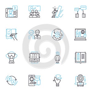 E-learning tutorials linear icons set. Online, Course, Instruction, Lesson, Class, Lecture, Tutorial line vector and