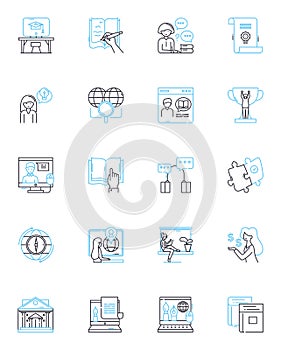 E-learning tutorials linear icons set. Online, Course, Instruction, Lesson, Class, Lecture, Tutorial line vector and