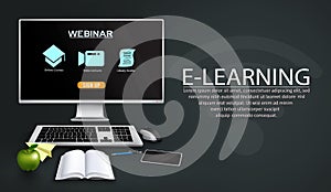 E-learning vector template design. E-learning webinar text with monitor computer, keyboard and mouse device for online education.