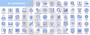 E-learning web icons set in blue line design. Pack of university, online education, knowledge, global, audio book, video lesson,