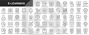 E-learning web icons set in thin line design. Pack of university, online education, knowledge, global, audio book, video lesson,