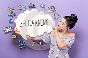 E-Learning with woman holding a speech bubble