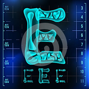 E Letter Vector. Capital Digit. Roentgen X-ray Font Light Sign. Medical Radiology Neon Scan Effect. Alphabet. 3D Blue