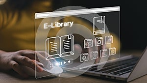 E-library concept. Women use a laptop with virtual Ebook icons for electronic books online, the knowledge base on the internet,
