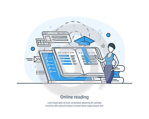 E-library, media book, e-book, digital online education concept